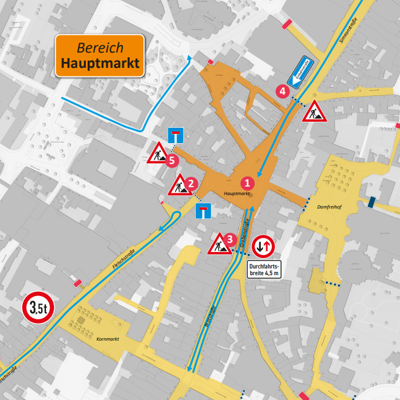 Stadtplanausschnitt mit den Verkehrsregelungen während der Bauphase der Pollere rund um den Hauptmarkt im Oktober und November 2024.