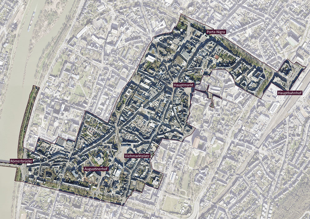 Das ISEK konzentriert sich auf das hier hervorgehobene Gebiet, das vom östlichen Moselufer mit der Römerbrücke über den Augustinerhof, die Fußgängerzone und die Porta Nigra mit ihrem Umfeld bis zum Hauptbahnhof reicht.